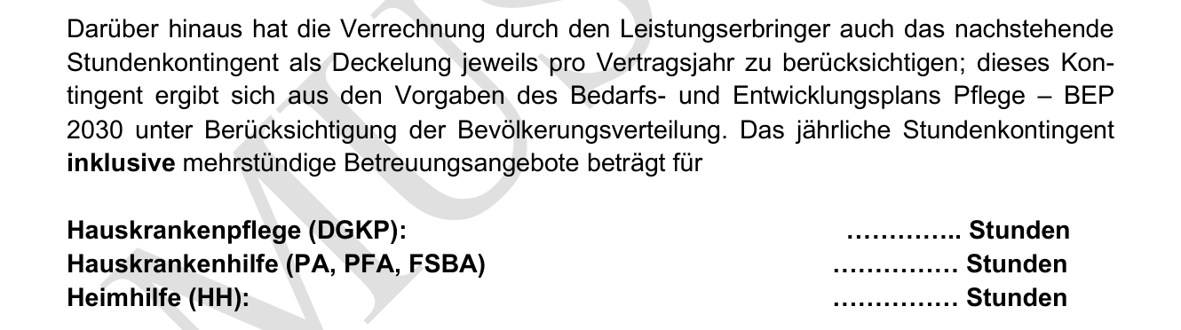 Auszug aus dem Muster des Direktverrechnungsvertrags: Das jährliche Stundenkontingent je Leistungskategorie als Deckelung pro Vertragsjahr, abgeleitet aus dem Bedarfs- und Entwicklungsplan Pflege BEP 2030.