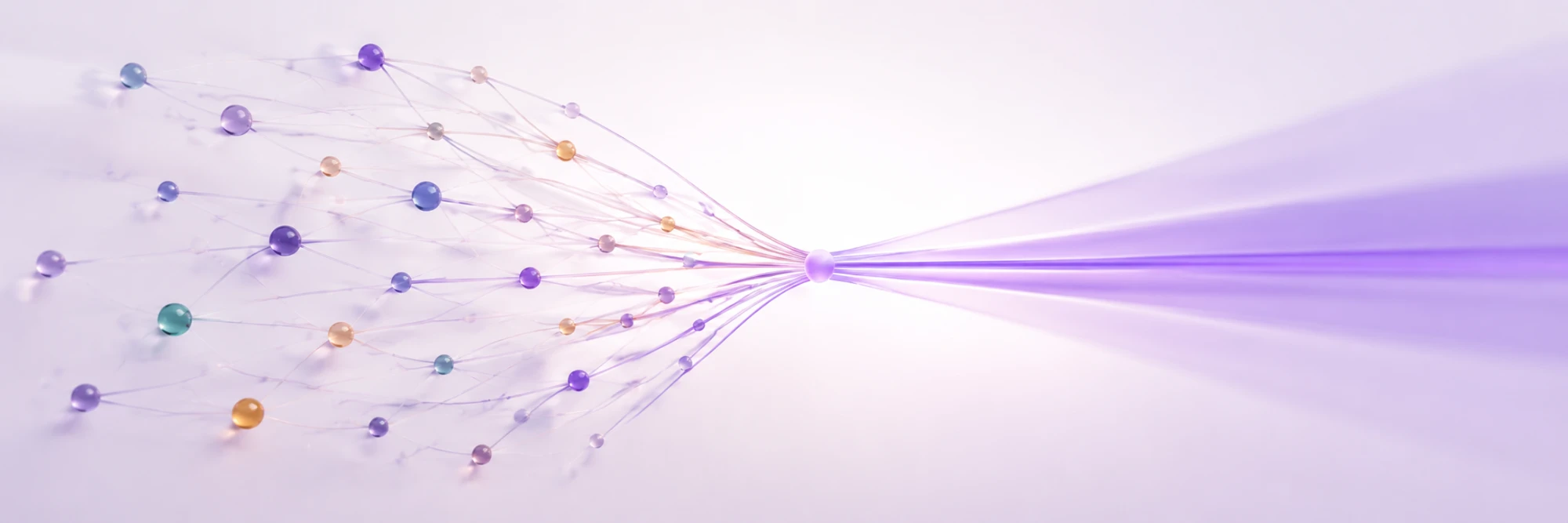 Viele farbige Knotenpunkte, die sich zu einem violetten Lichtstrahl bündeln